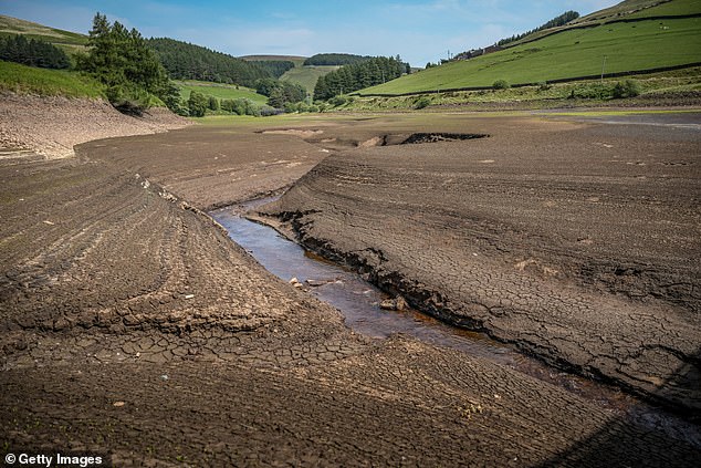 Hosepipe bans across Yorkshire and parts of the southeast could last up to winter, following one of the driest springs on record and low reservoir levels. Pictured: Low water levels impact the Woodhead Reservoir