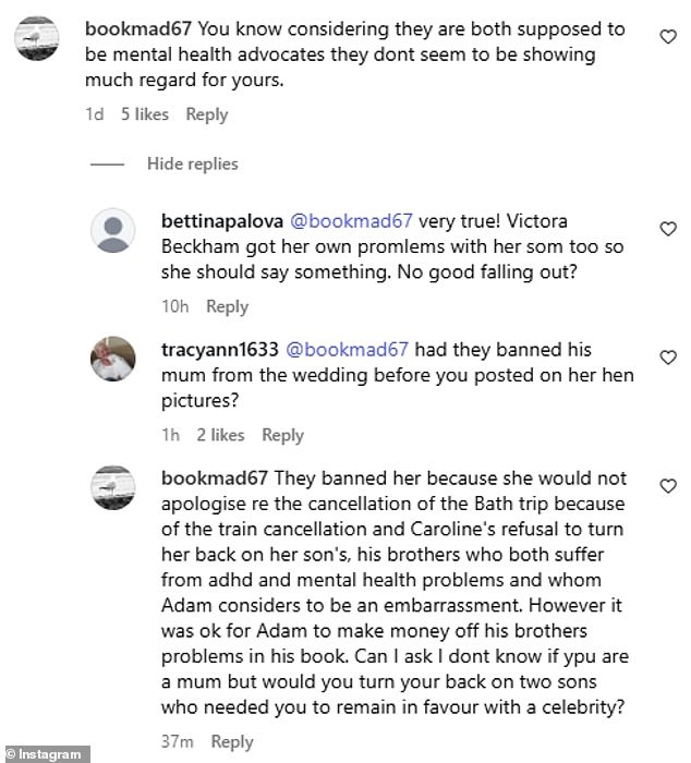 She insisted Adam was 'embarrassed' by his family and his brothers' mental health problems