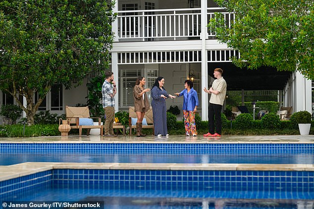 The contestants congregated around the poolside, ready to complete their first challenge