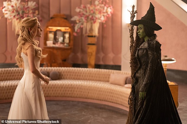Grande as Glinda Upland (left) and Erivo as Elphaba Thropp (right) in Wicked: For Good