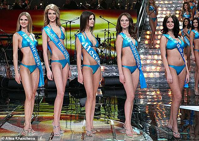 The Nashi bosses sought to use Alisa's sex visits to Putin to peddle their influence - 'to pass on this or that request', said Proekt.  Pictured: Alisa (first from the right) as one of the Miss Russia 2011 beauty pageant contest