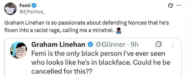 In response to Linehan's remark, Oluwole said the Father Ted creator had called him a 'minstrel'