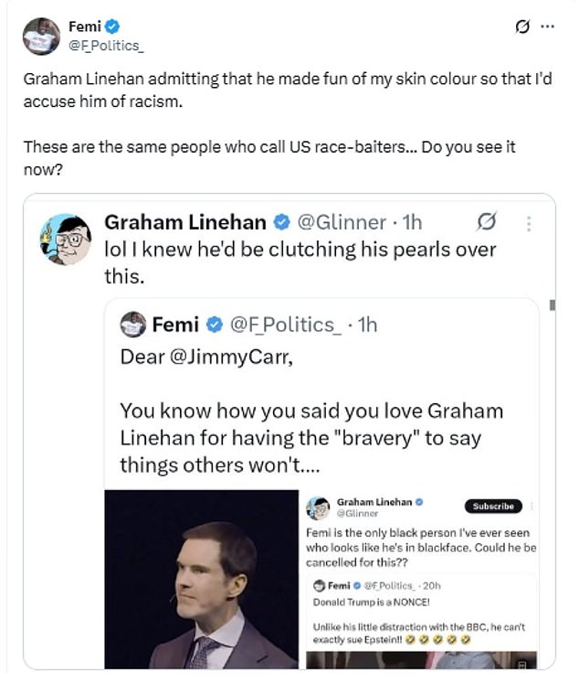 As the row escalated Linehan said Oluwole was 'clutching his pearls' over the comment, while the commentator said the comedian had 'made fun of my skin colour'