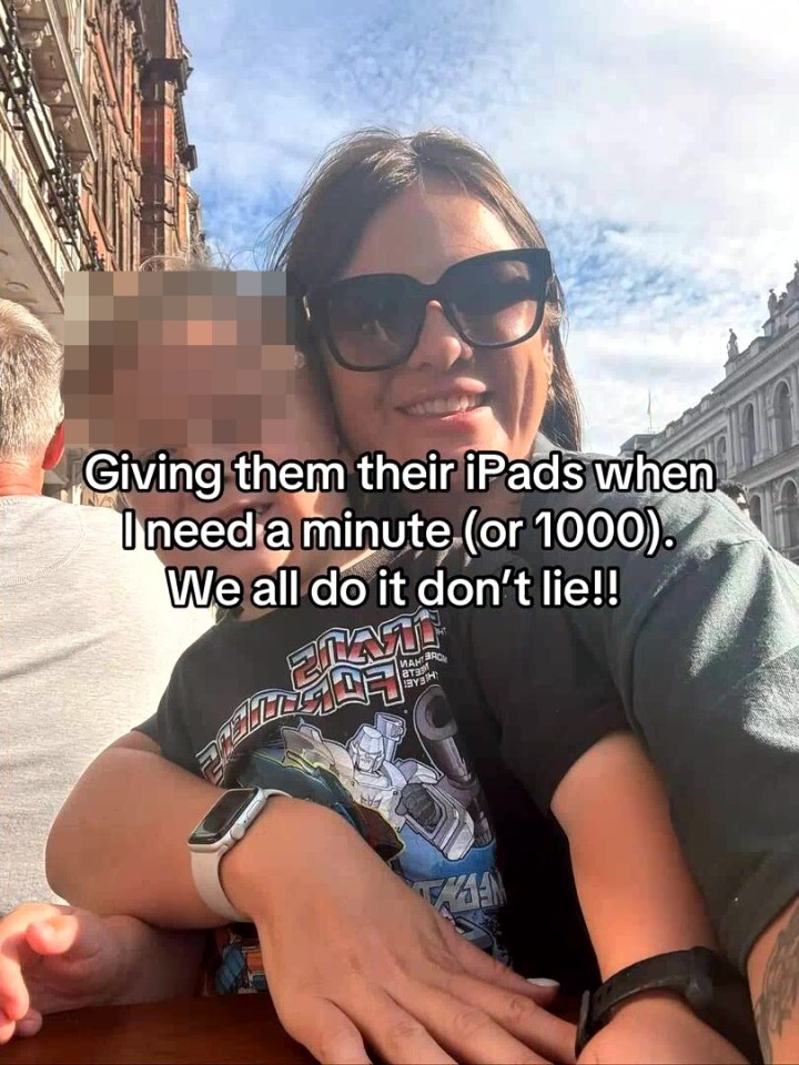 A woman in sunglasses smiles, her arm around a child whose face is blurred, with text overlaid, "Giving them their iPads when I need a minute (or 1000). We all do it don't lie!!"