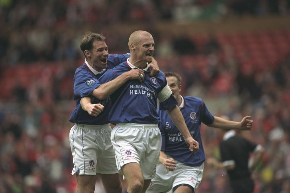 Sean Dyche of Chesterfield celebrates his goal during the FA Cup Semi-Final against Middlesbrough.
