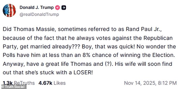 The president also hit out at Massie in a Truth Social post right before his slap at Greene