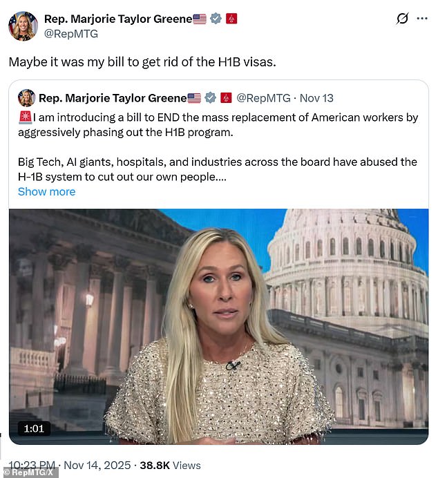 In a post shortly after, Greene even touched on the immigration scrap Trump had earlier this week, quote-tweeting her supporting for limiting H1B visas