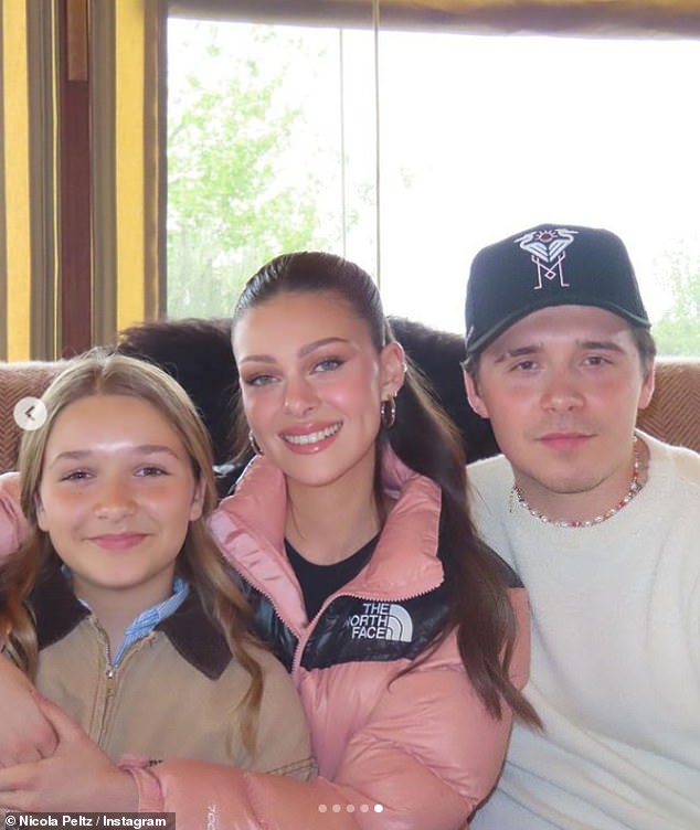 Sources close to the Beckhams also say that Harper (L) was thrilled when Brooklyn (R) began dating Nicola Peltz (center) ¿ she became the big sister that the teenager had never had