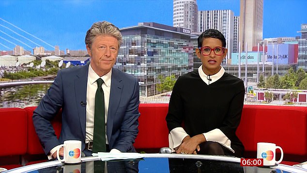 Naga Munchetty, who is facing a formal bullying probe, with co-host Charlie Stayt on today's BBC Breakfast