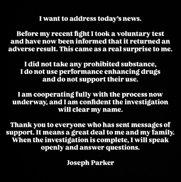 Parker expressed his 'surprise' at the news and denied 'taking any prohibited substance'