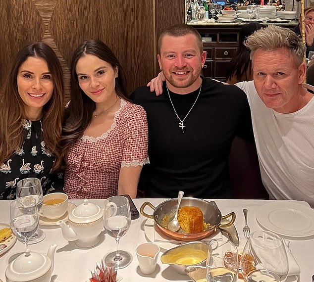 The Peaty family have also taken to social media in force to argue they have been overlooked from the couple's wedding plans because they are 'simple people on benefits' , who do not fit in with the Ramsays' polished look. Pictured, Holly and Adam with Tana and Gordon Ramsey