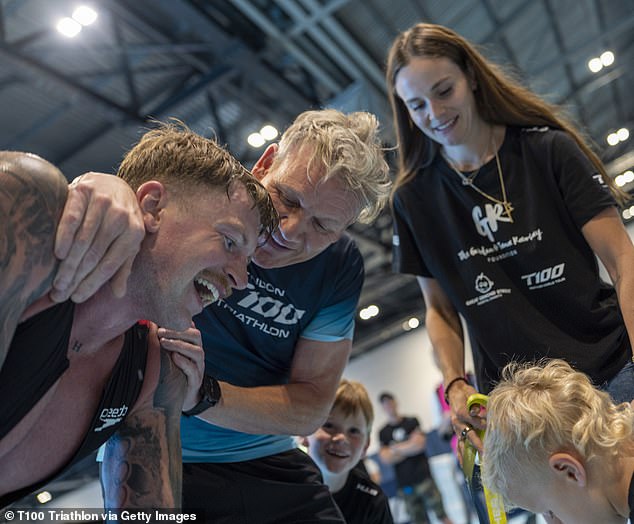 In recent interviews, Adam has eagerly spoken about his future in-laws, enthusing that Gordon Ramsey 'inspires me to be successful'. Pictured, Adam is congratulated by Gordon at the at the finish of the London T100 Triathlon in August