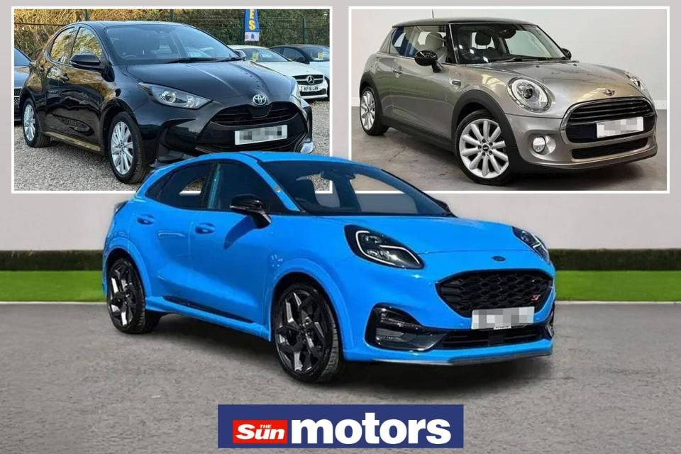 Collage of three small cars: a black Toyota Yaris, a silver Mini Cooper, and a blue Ford Puma.