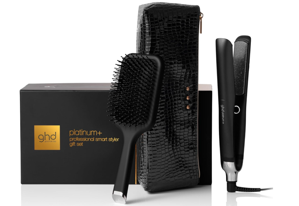 ghd Platinum+ Professional Smart Styler Gift Set including a straightener, paddle brush, and heat-resistant bag.
