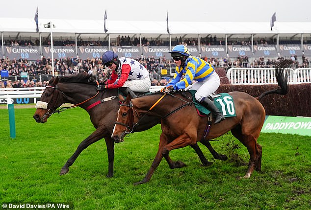 Hung Jury ridden by James King (left) before going on to win the Debenhams Amateur Jockeys' Handicap Chase on Super Saturday at Cheltenham Racecourse