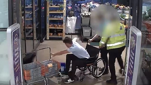 Astonishing footage shows the moment the teenager was stopped by a security guard after an unidentified man tried to wheel him out of the supermarket