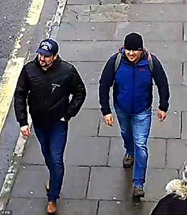 Police believe the poison was administered by two men who flew into Britain a day before Ms Skripal under the fake names of Alexander Petrov and Ruslan Boshirov (pictured)