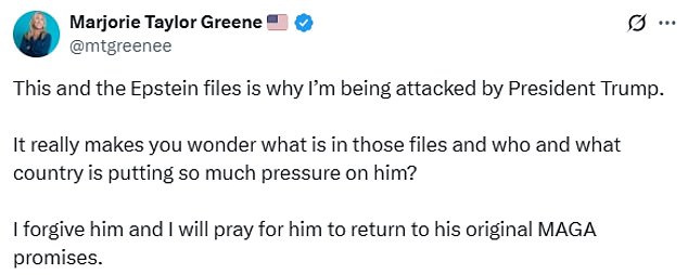 In posts on Saturday after their public spat, Greene said she had received death threats due to Trump and that he was attacking her over the release of the Epstein files