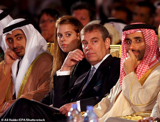 The sisters’ frequent visits to the Middle East are causing concern, with suggestions that Beatrice (pictured with her father in Abu Dhabi in 2008) is unofficially resuming her father’s role as UK trade envoy – a position he ultimately exploited to enrich himself