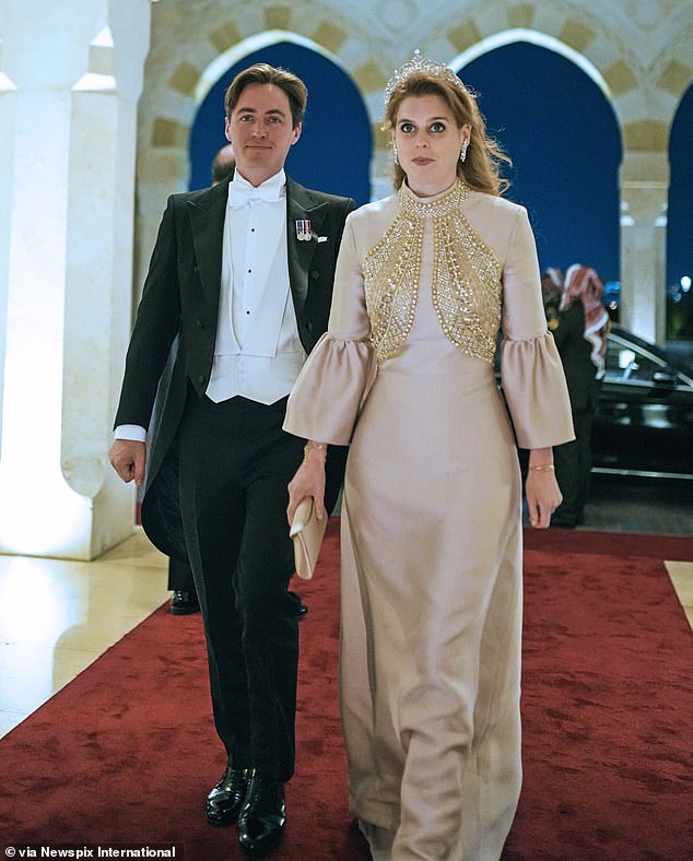 Beatrice and her husband at the wedding of Crown Prince Al Hussein and Rajwa Alseif at Al Husseinya Palace