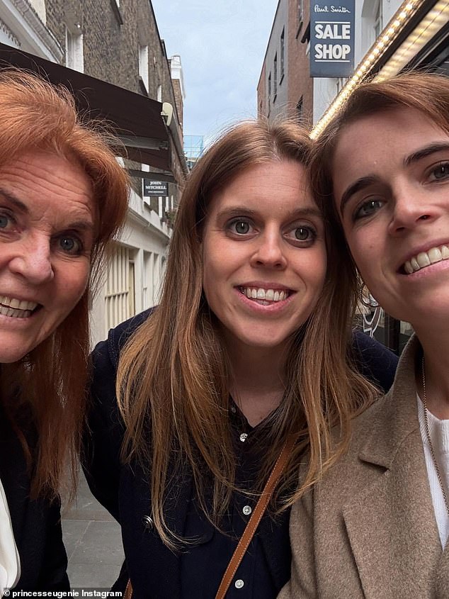 Beatrice (centre) and Eugenie (right) with their mother, former Duchess of York