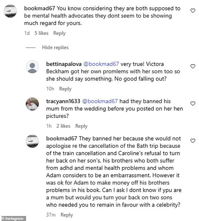 She insisted Adam was 'embarrassed' by his family and his brothers' mental health problems