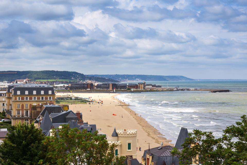 France, Calvados, Trouville sur Mer, view of the buildings and the beach