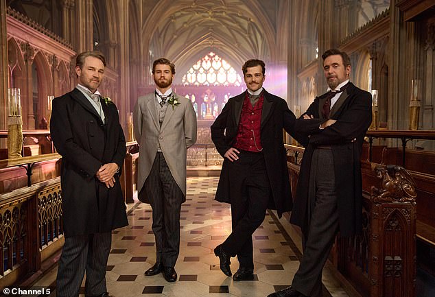 Jolyon Snr (Stephen Moyer), Jolyon (Danny Griffin), Soames (Joshua Orpin), and James (Jack Davenport) in the period drama which has been hailed a 'masterpiece'