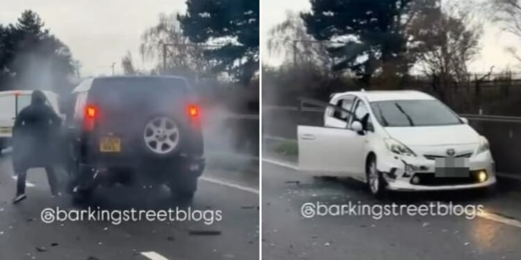 Shocking moment 'masked thugs' unleash terrifying robbery on crashed car after forcing it off M1