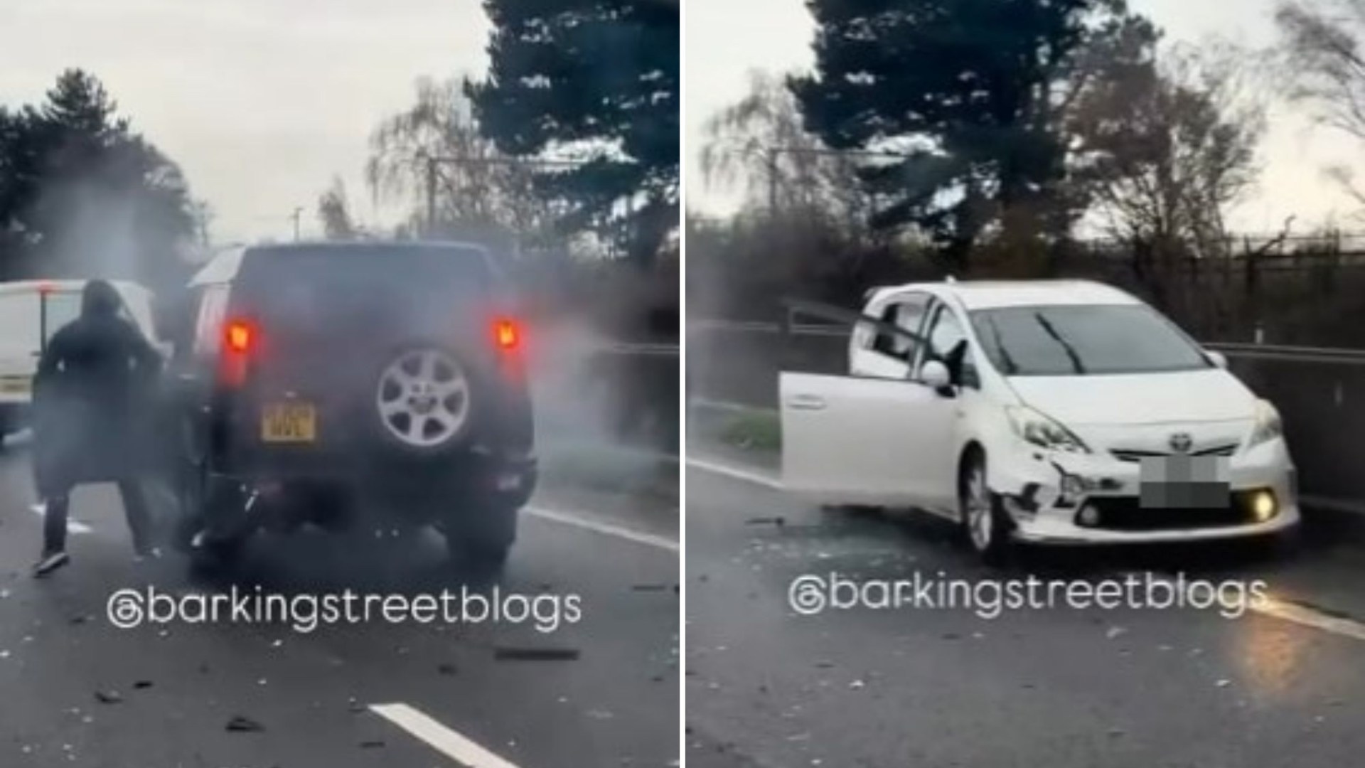 Shocking moment 'masked thugs' unleash terrifying robbery on crashed car after forcing it off M1