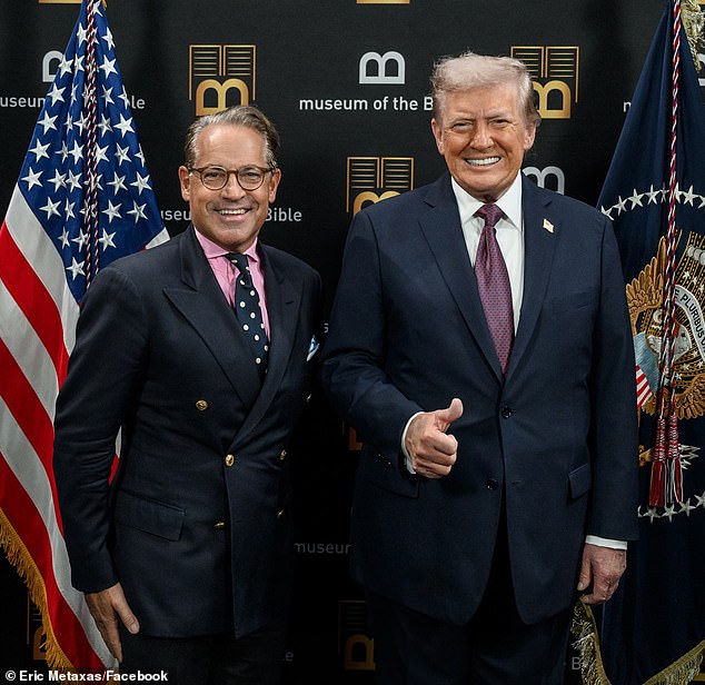 Metaxas, left, has been a vocal supporter of Trump, right, and now serves on the Religious Liberty Commission