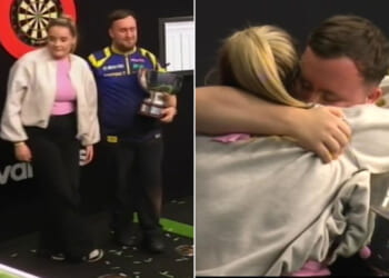Emotional Luke Littler hugs girlfriend Faith Millar after brilliant display to defend Grand Slam of Darts title