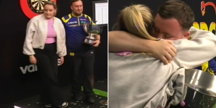 Emotional Luke Littler hugs girlfriend Faith Millar after brilliant display to defend Grand Slam of Darts title