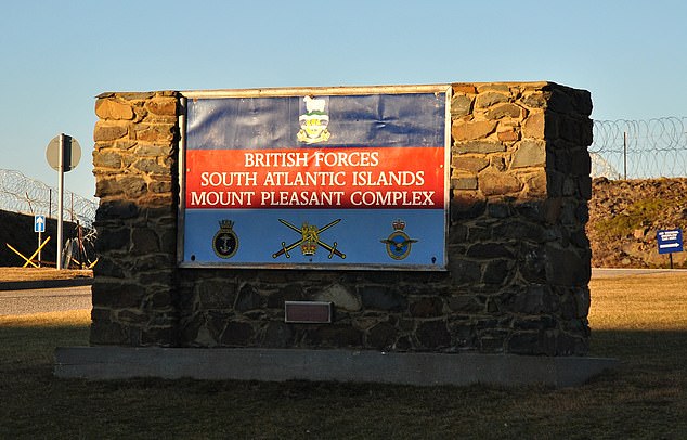 Andrew had fought in the 1982 conflict with Argentina and returned to the archipelago to open the £300million RAF Mount Pleasant airbase three years later (FIle image of RAF Mount Pleasant's entrance sign)
