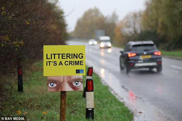The large posters show a pair of men's eyes alongside the words 'Littering It's A Crime'