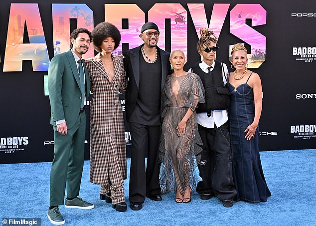 Will Smith's family pictured at the Bad Boys: Ride or Die premiere in 2024 (L-R) Trey, Willow, Will, Jada, Jaden and Adrienne Banfield-Norris