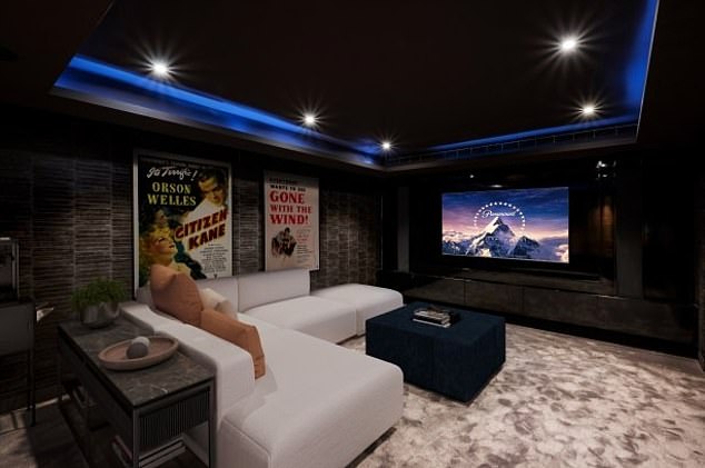 In the basement is a cinema room (pictured), fitness studio and staff quarters.