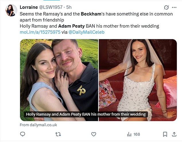 The fallout has sparked comparisons online, with one X/ Twitter user remarking: 'Seems the Ramsay's and the Beckham's have something else in common apart from friendship [sic]'