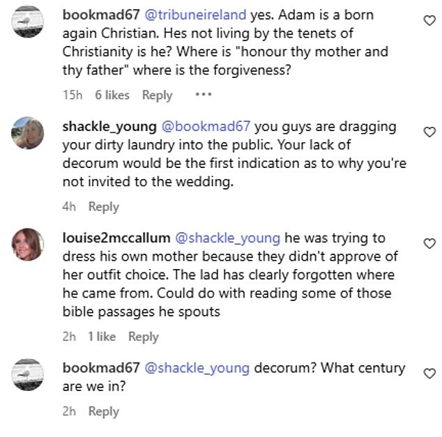 In the hours after the comments were revealed, Adam's family reacted to the reports on social media as they accused the person who made them of body shaming