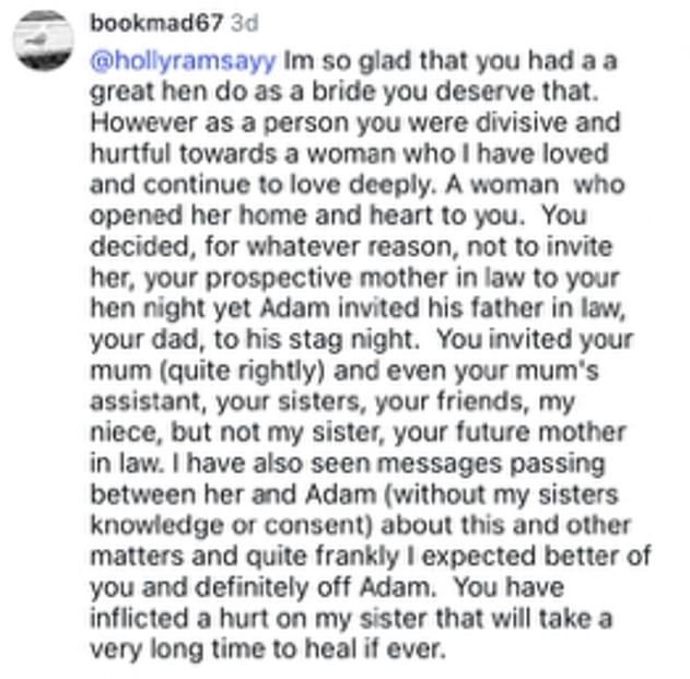 Adam's aunt Louise Williams exposed the heartbreak over her sister being left off the guest list last weekend by hitting out at Holly in a public Instagram post