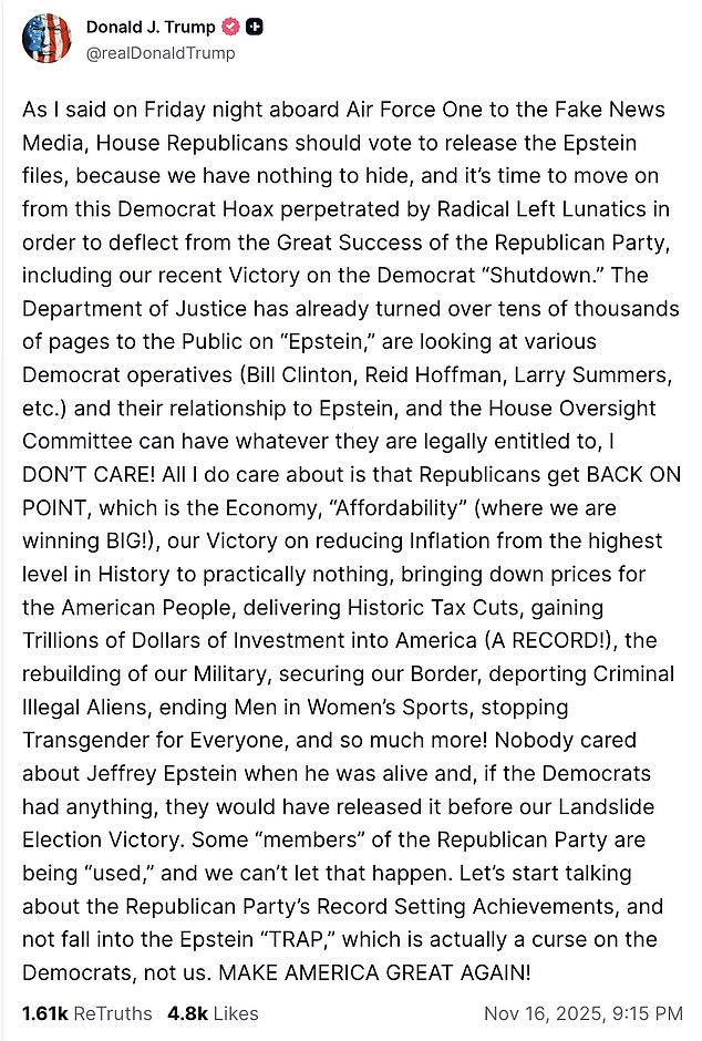 Trump wrote a lengthy rambling post to Truth Social on Sunday night attempting to shift blame on the Epstein 'hoax' to the Democrats