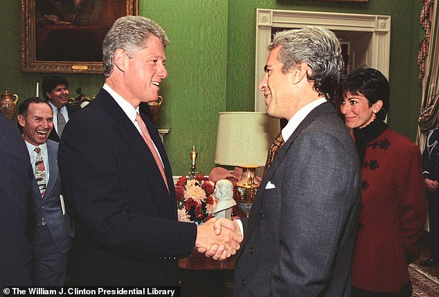 Trump has recently attempted to blame the Democrats for Epstein letter. Pictured, infamous sex offender Jeffrey Epstein and his girlfriend Ghislaine Maxwell at Bill Clinton's White House