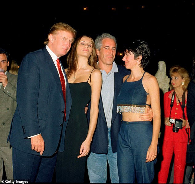 The DOJ and FBI have previously stated how say no one else will be arrested and charged in connection to Epstein's crimes. British socialite Ghislaine Maxwell (right) is already serving a 20-year prison sentence. Trump is pictured in February 2000