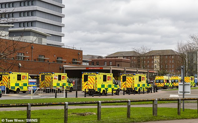 Ambulances waiting at Gloucestershire Royal Hospital in Gloucester