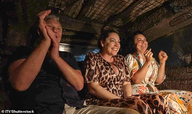 The former Page Three girl suffered an unlucky blow after losing a place in the luxury car and had to take a ride in the Cockie Van alongside Martin Kemp, 64, and Shona McGarty, 34 (pictured together)