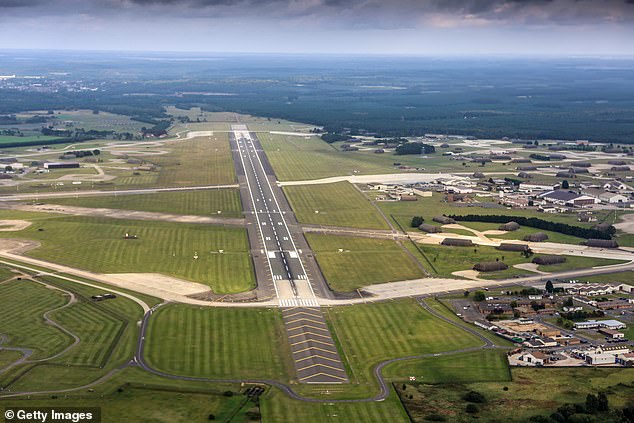 US nuclear bombs are also believed to be housed in RAF Lakenheath, which is pictured in this aerial view