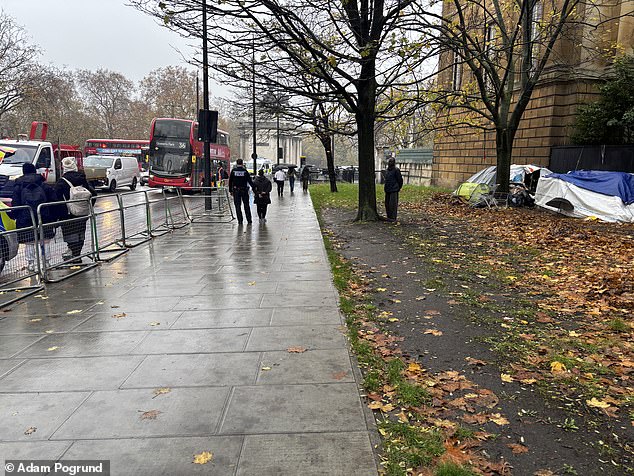 When the Daily Mail visited a 23-year-old woman, believed to be a resident, was being arrested on suspicion of threats to kill other tent dwellers
