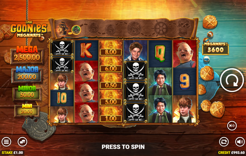 Illustration of the "The Goonies Megaways" slot machine game interface with various characters from the movie.