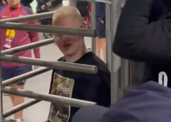 Awkward moment England fan gets stuck in turnstile at Albania stadium during World Cup qualifying win