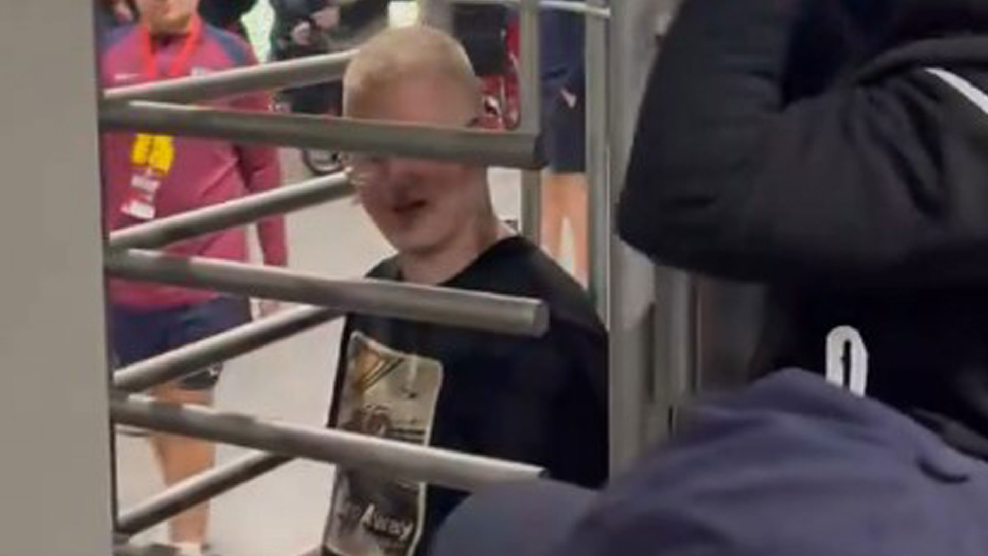 Awkward moment England fan gets stuck in turnstile at Albania stadium during World Cup qualifying win